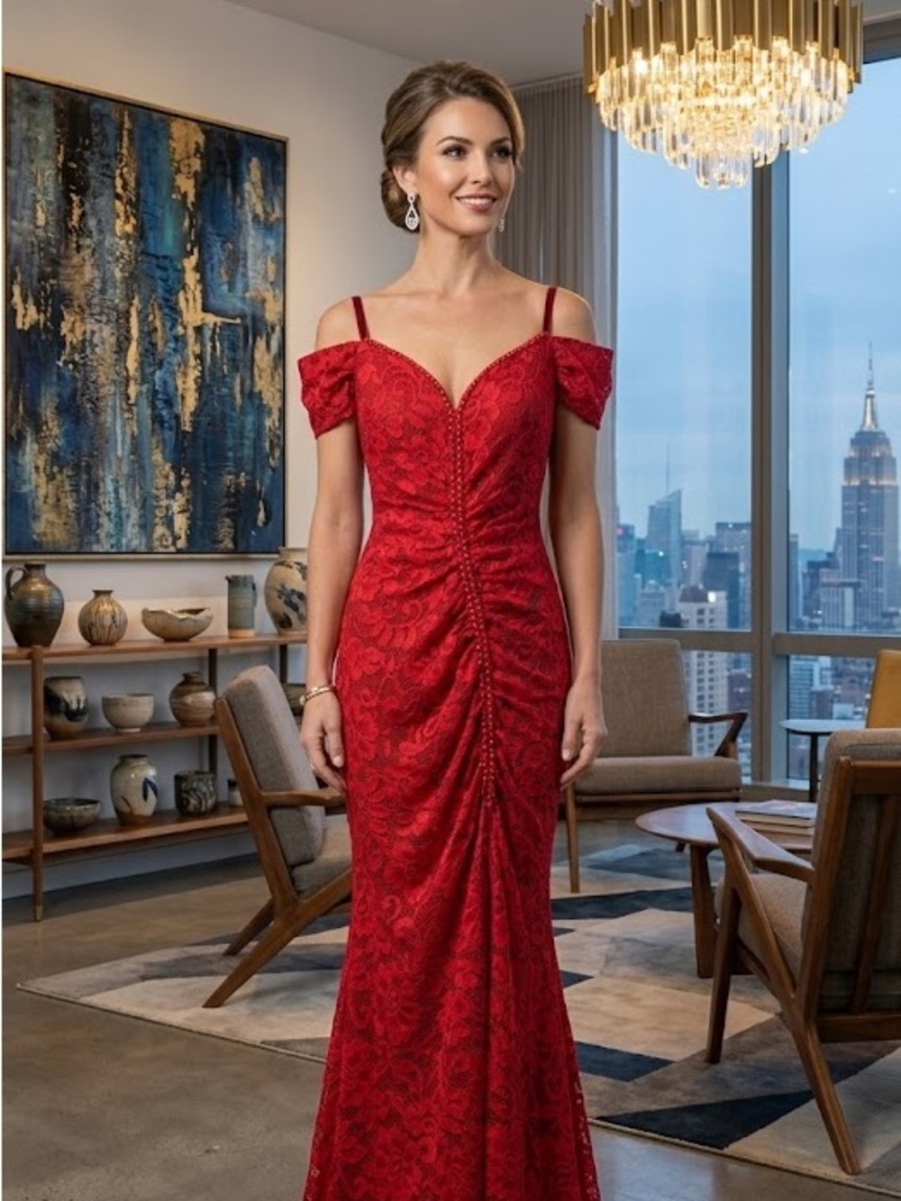 Red Lace V-Neck Evening Dress